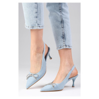 Mio Gusto Alexis Ice Blue Color Denim Fabric Open Back Stone Bow Women's High Heels Shoes