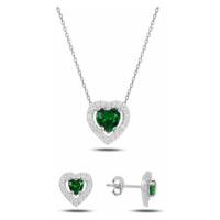 Klenoty Amber Stříbrná sada šperků srdce zelené - náušnice, náhrdelník