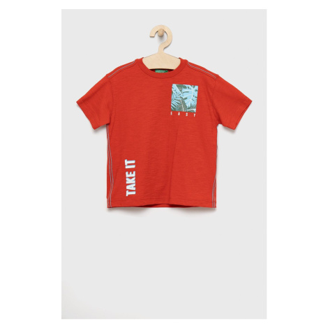 Dětské bavlněné tričko United Colors of Benetton červená barva, s potiskem