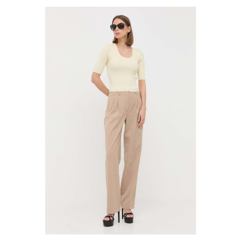 Kalhoty s příměsí vlny Luisa Spagnoli dámské, béžová barva, jednoduché, high waist