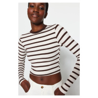 Trendyol Brown Striped Premium Viscose Soft Fabric Fitted Crop Stretchy Knitted Blouse
