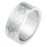Ocelový prsten, matný rovný povrch, ornament ze zakroucených linií