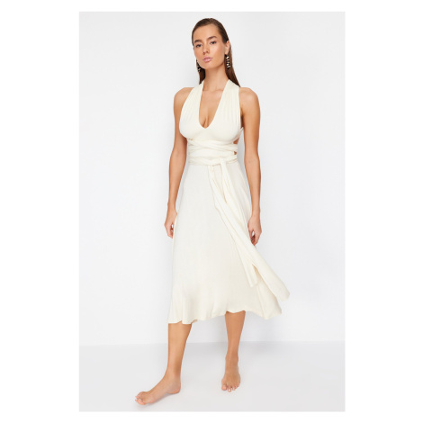 Trendyol Bridal Ecru Belted Maxi Knitted Tie Beach Dress