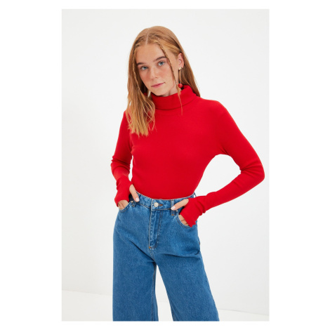 Trendyol Red Fitted/Situated Turtleneck Finger Detailed Ribbed Stretch Knitted Blouse