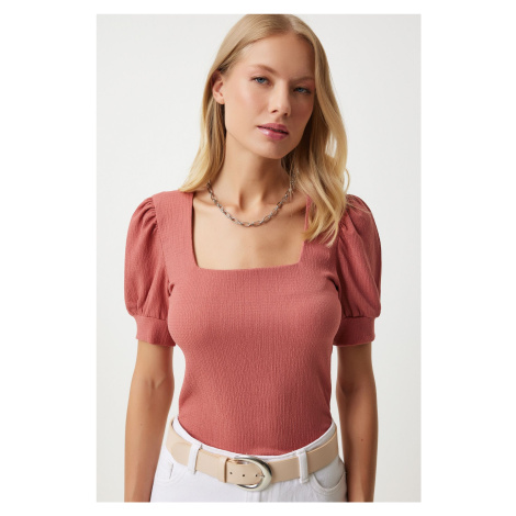 Happiness İstanbul Women's Dark Rose Square Collar Balloon Sleeve Knitted Blouse