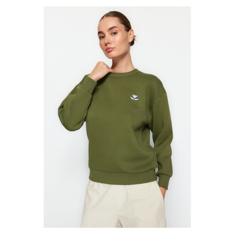 Trendyol Khaki Animal Embroidered Regular/Normal Fit Thick Inside Fleece Knitted Sweatshirt