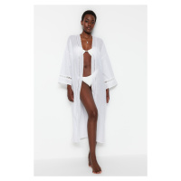 Trendyol Bridal Ecru Belted Midi Woven 100% Cotton Kimono&Kaftan with Stripe Accessories