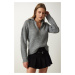 Happiness İstanbul Women's Gray Zippered Collar Knitwear Sweater