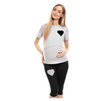 Šedé těhotenské a kojící pyžamo s legínami a tričkem s krmným panelem srdce