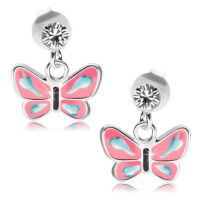 Stříbrné náušnice 925, čirý krystal od Swarovského, motýlek s růžovými křídly