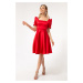 Lafaba Women's Red Balloon Sleeves Flare Cut Midi Satin Evening Dress.