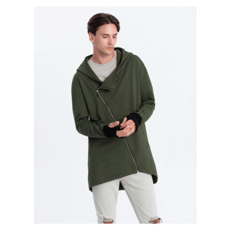 Ombre Clothing Prodloužená asymetrická olivová mikina B1368