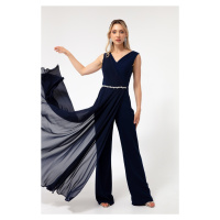 Lafaba Women's Navy Blue Stone Chiffon Evening Dress Jumpsuit