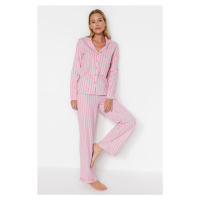 Trendyol Pink 100% Cotton Striped Shirt-Pants Knitted Pajama Set